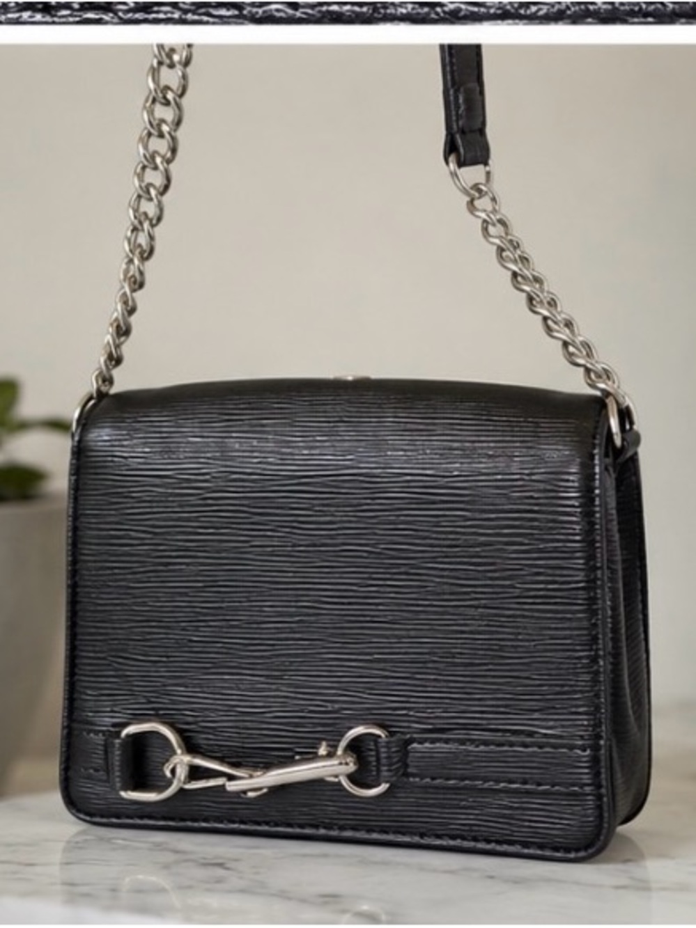 Black Leather Chain Shoulder Bag with Silver Hardware Rebecca Minkoff
